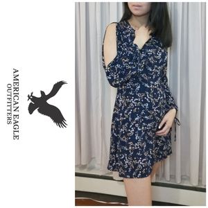 Dark blue floral open long-sleeve mini dress